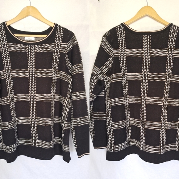 Charter Club Sweaters - Charter Club Sweater Plaid Metallic Windowpane Black‎ White Beige 1X Crew Neck